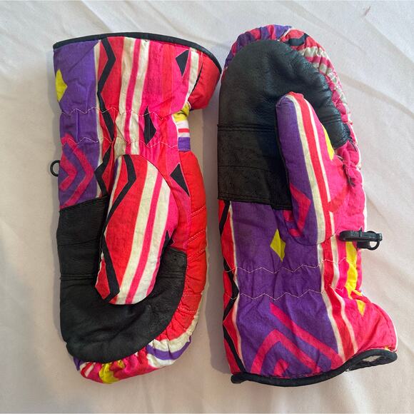 Obermeyer Vtg 90s Skiing Snow Winter Thermal mittins Thinsulate Pink Yellow purp - Picture 7 of 9